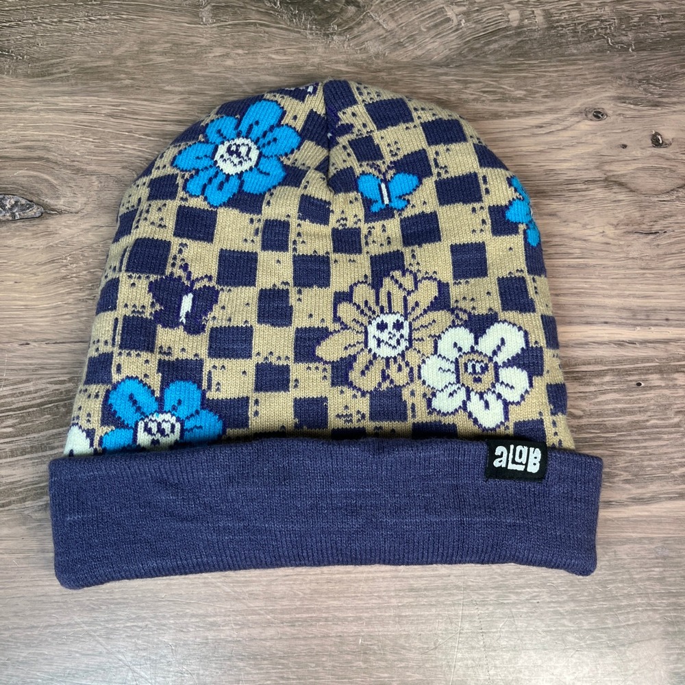 A-Lab Beanie Women Navy Blue Checkered Floral Butterfly Knit Cuffed Hat OS